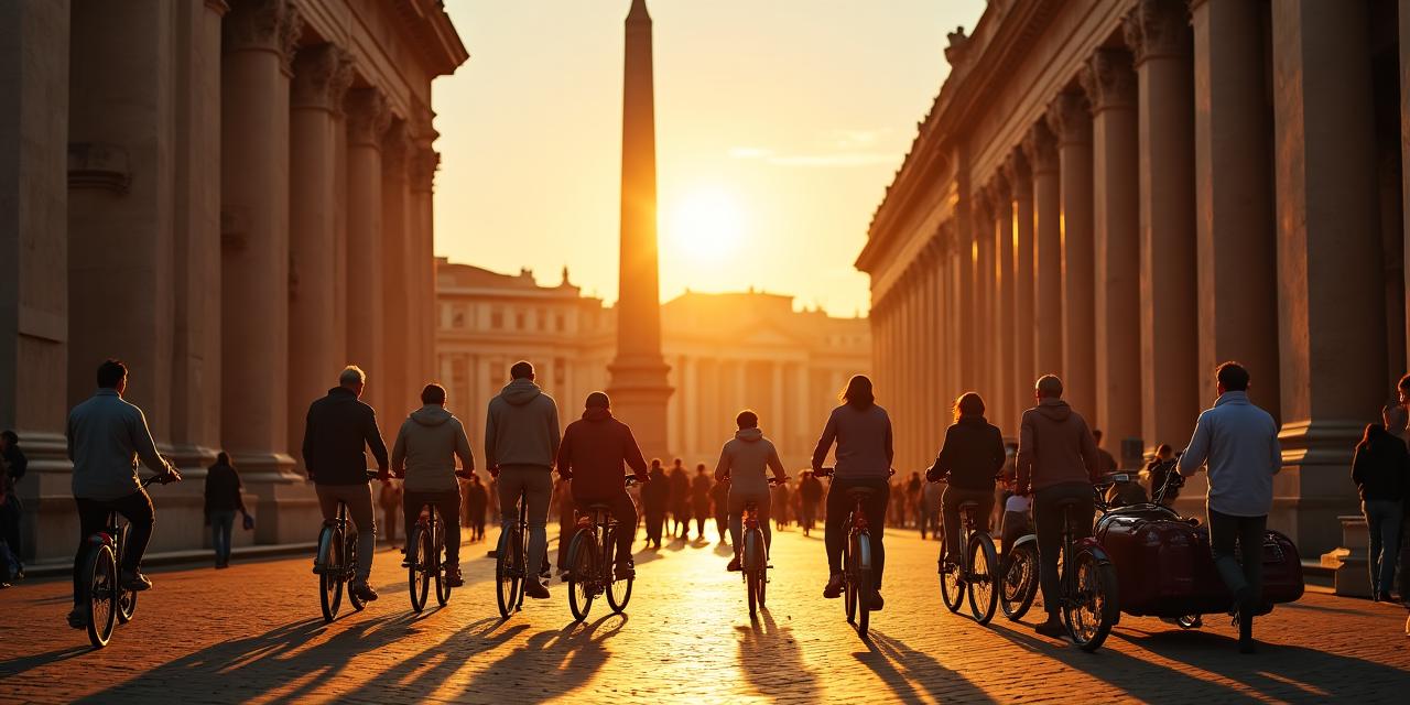 Un gruppo di ciclisti ammira il Pantheon al tramonto