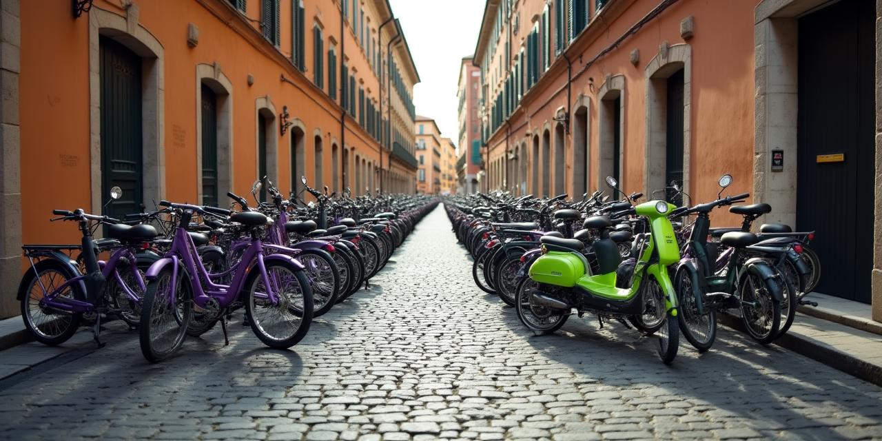 Vista aerea di biciclette vintage parcheggiate a Roma
